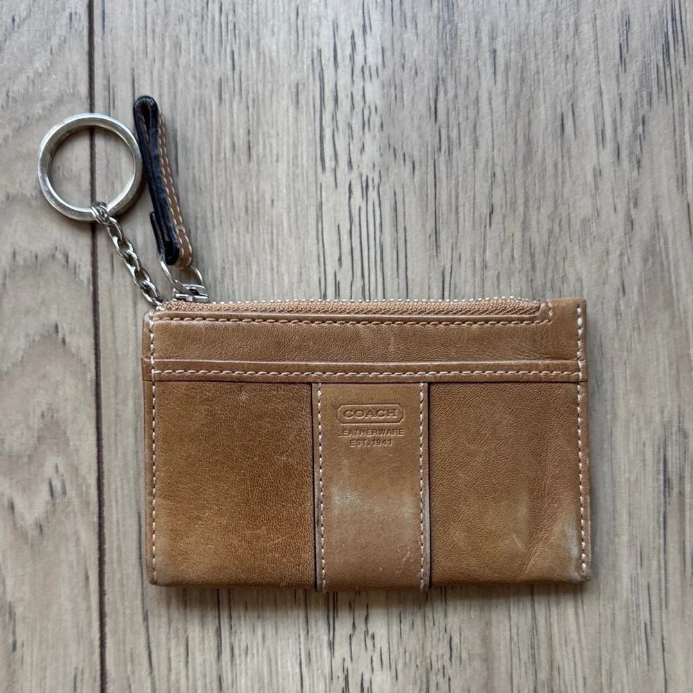 Vintage Coach Brown Leather Card Holder Coin Purse Keychain Holder